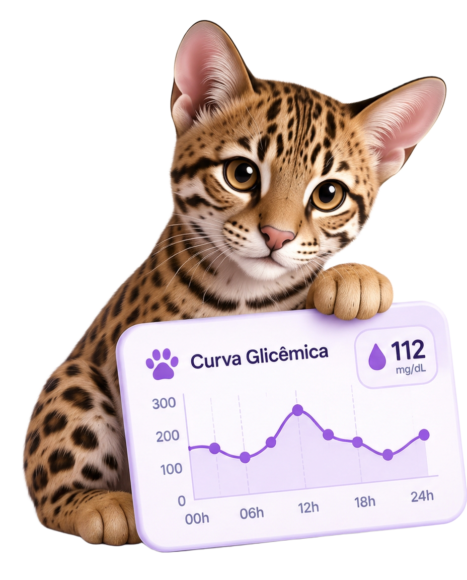 Gata jaguatirica segurando um cartão com a curva glicêmica